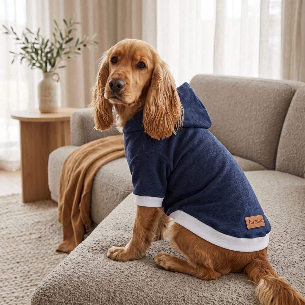 Golden cocker spaniel seated on a grey sofa in a bright living room, wearing the blue dog hoodie t-shirt with the hood resting down and cream hem