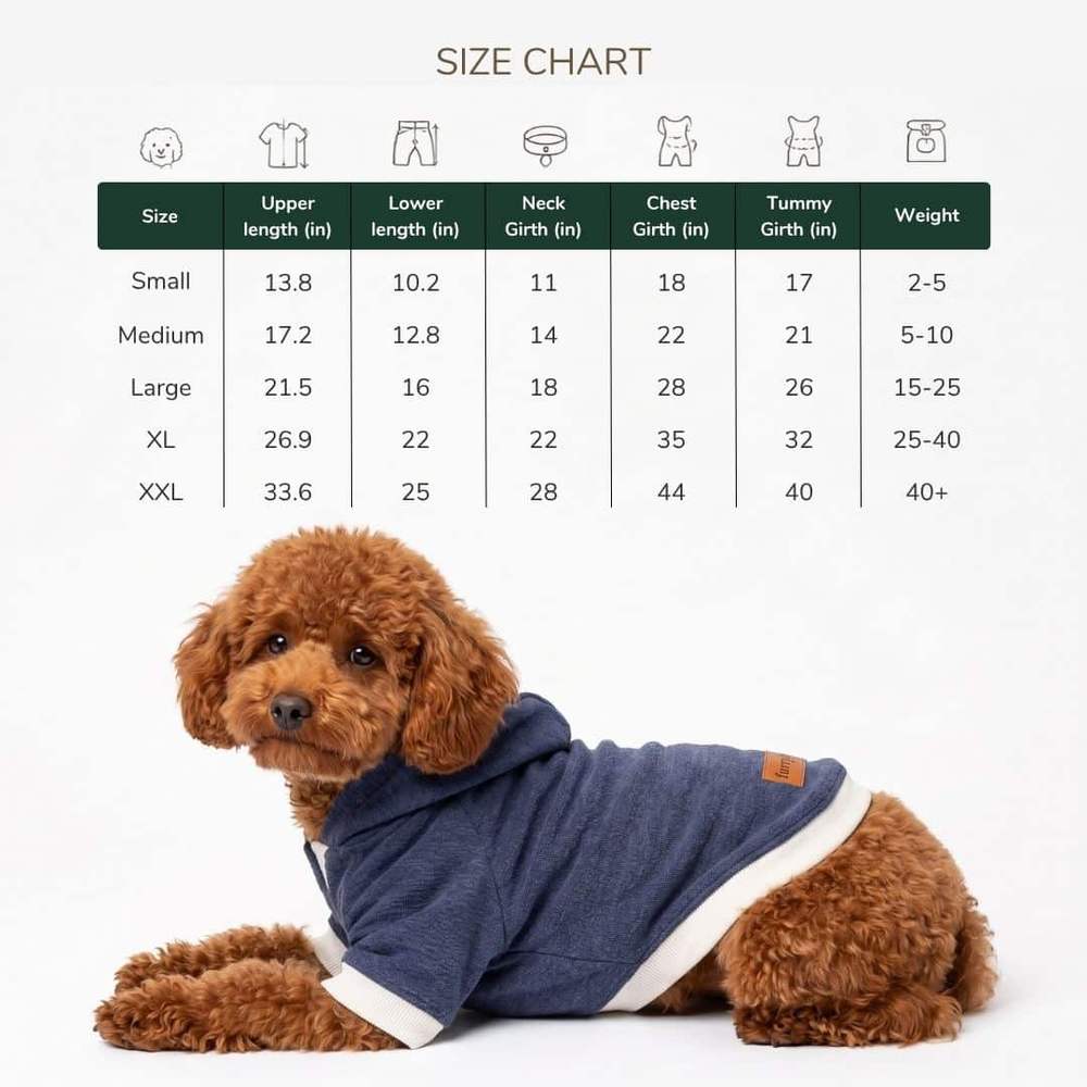Size chart for Furrybae dog hoodie t-shirts in inches, shown with an apricot poodle lying down in the blue hoodie with cream hem