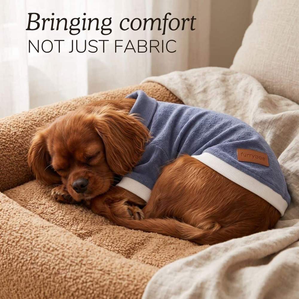 Lifestyle card headed Bringing comfort not just fabric, showing a ruby spaniel asleep on a tan pet bed in a blue dog t-shirt with cream hem