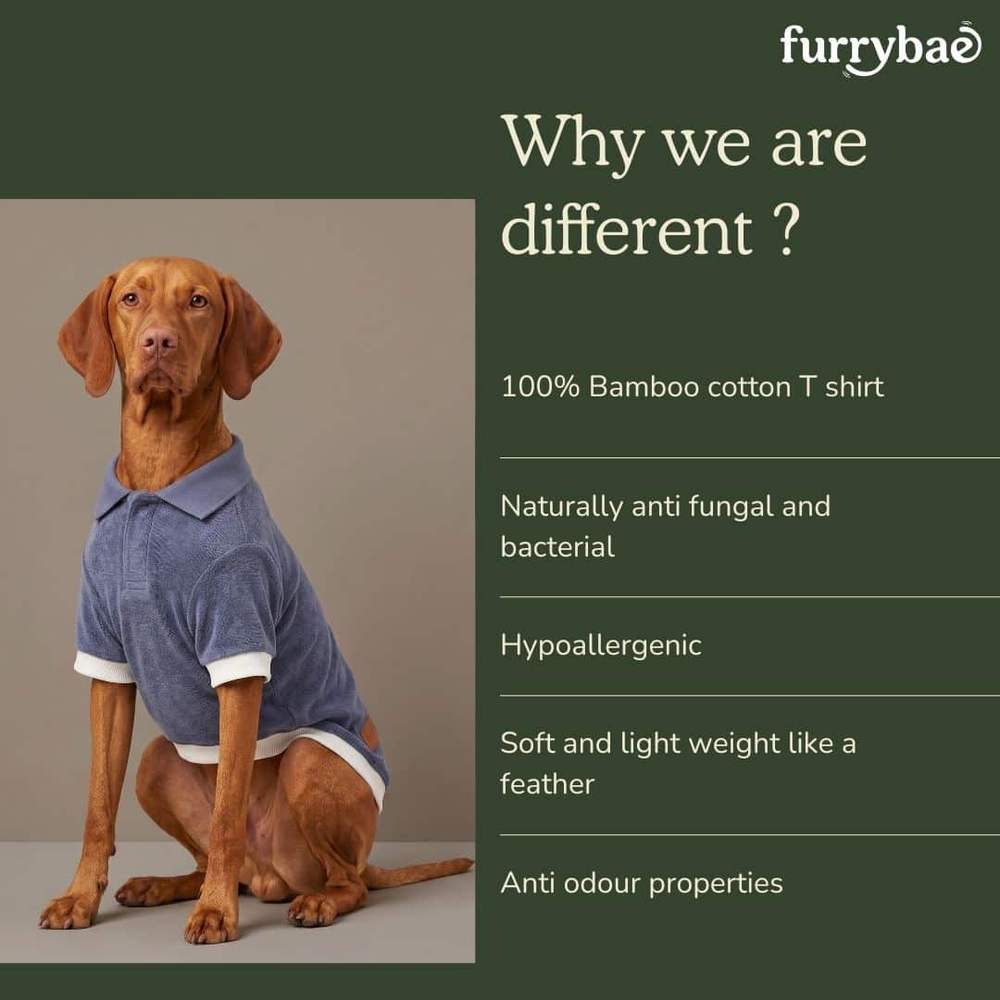 Furrybae infographic titled Why we are different, listing fabric benefits beside a tan hound wearing the blue dog t-shirt