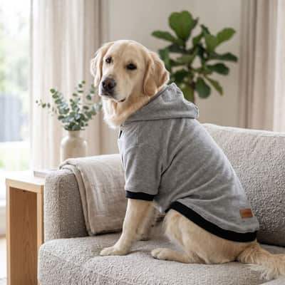 Golden dog seated indoors in a Grey Furrybae hooded T-shirt