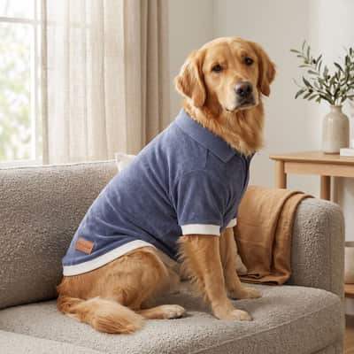 Golden dog seated indoors in a Blue Furrybae Dog T-shirt