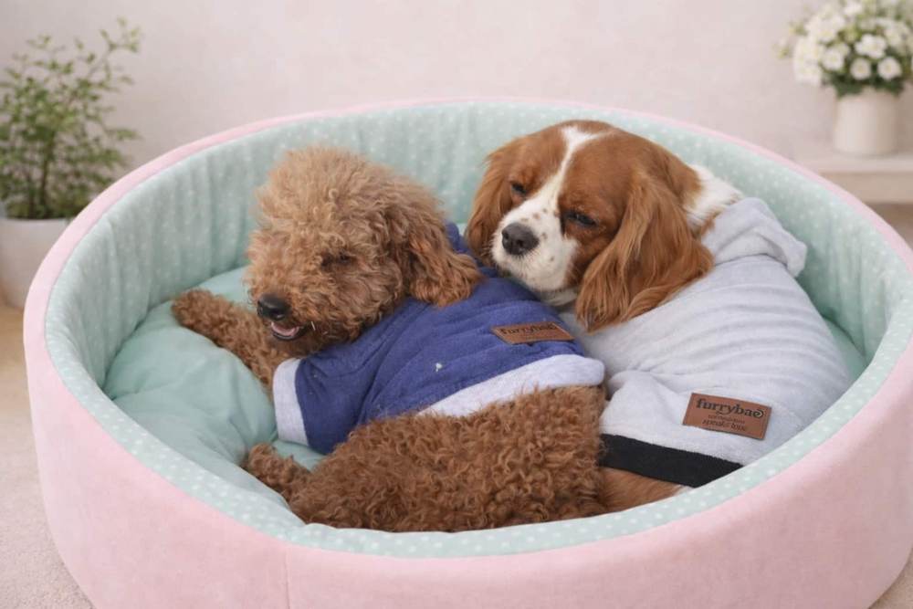 Curly brown poodle in a Blue Furrybae T-shirt cuddled up with a spaniel in a Grey Furrybae hoodie in a round pet bed