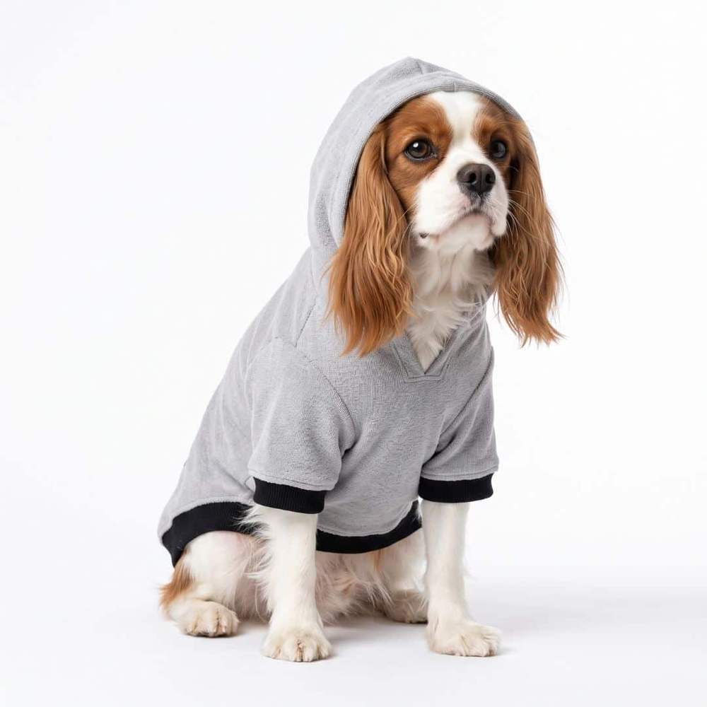 Chestnut and white spaniel seated on a white studio background in the grey dog hoodie t-shirt, hood up over the ears and black ribbed cuffs