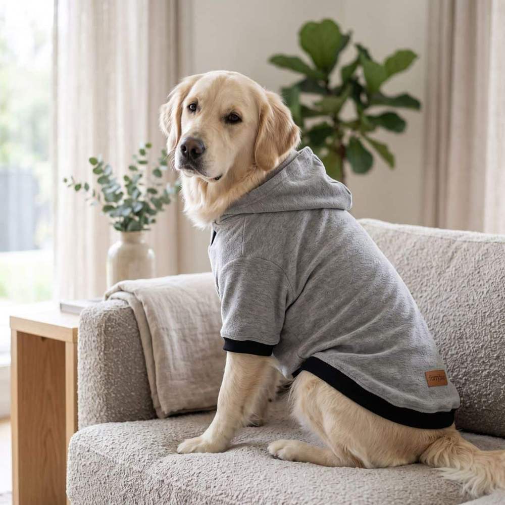 Pale golden retriever sitting on a boucle sofa seen from behind, wearing the grey dog hoodie t-shirt with hood down and black hem band
