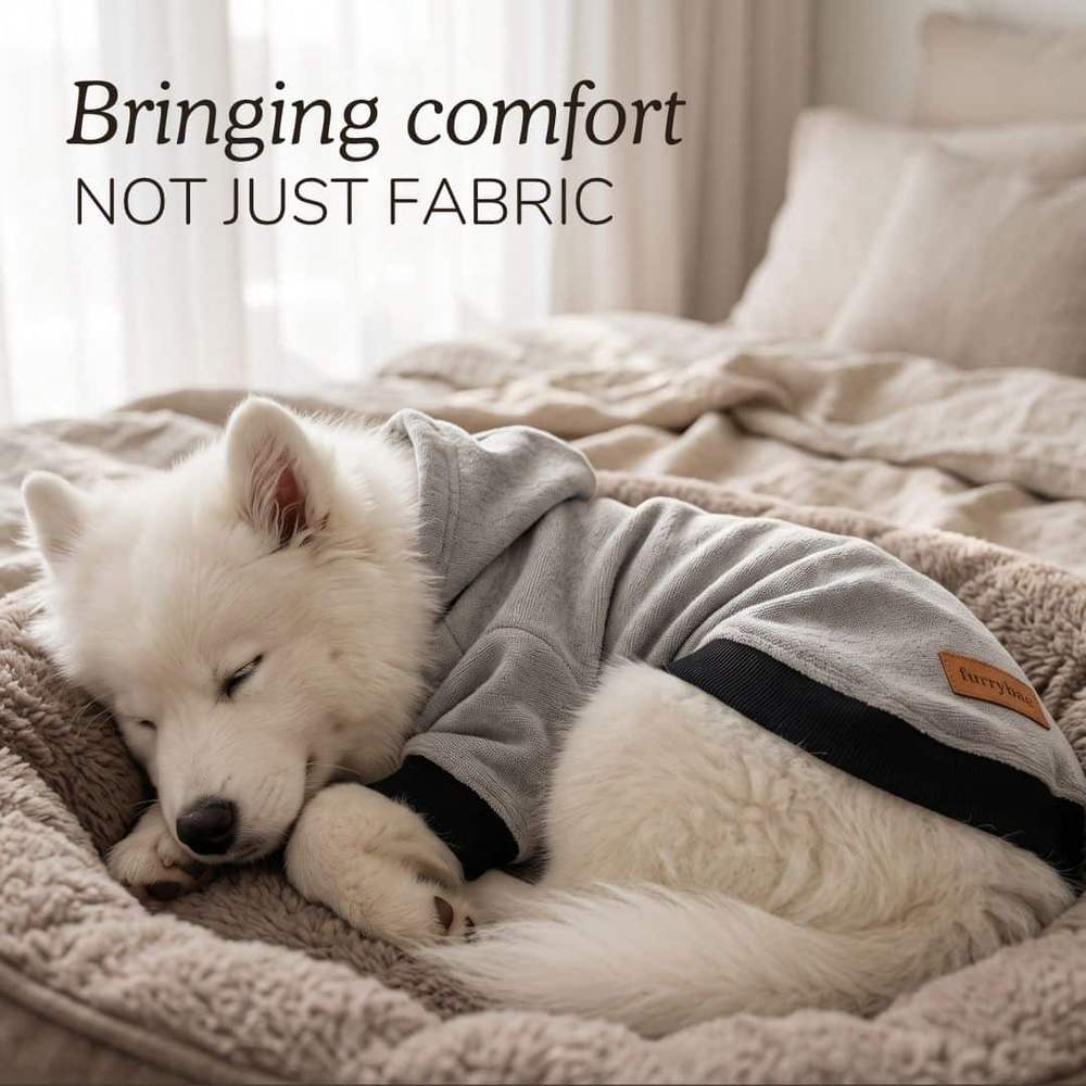 Bringing comfort not just fabric card showing a white fluffy puppy asleep on a bed in a grey dog hoodie t-shirt with black hem