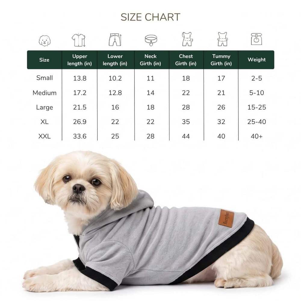 Furrybae dog hoodie t-shirt size chart in inches from small to XXL, with a cream Shih Tzu lying beside it in the grey hoodie