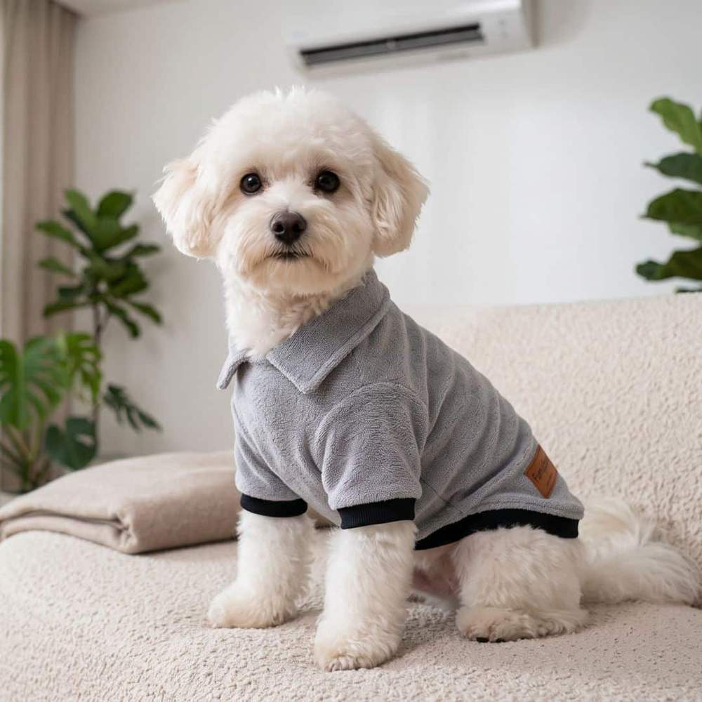 White fluffy small dog sitting on a cream sofa in a plant filled room, wearing the grey dog t-shirt with black trim and a side leather tab