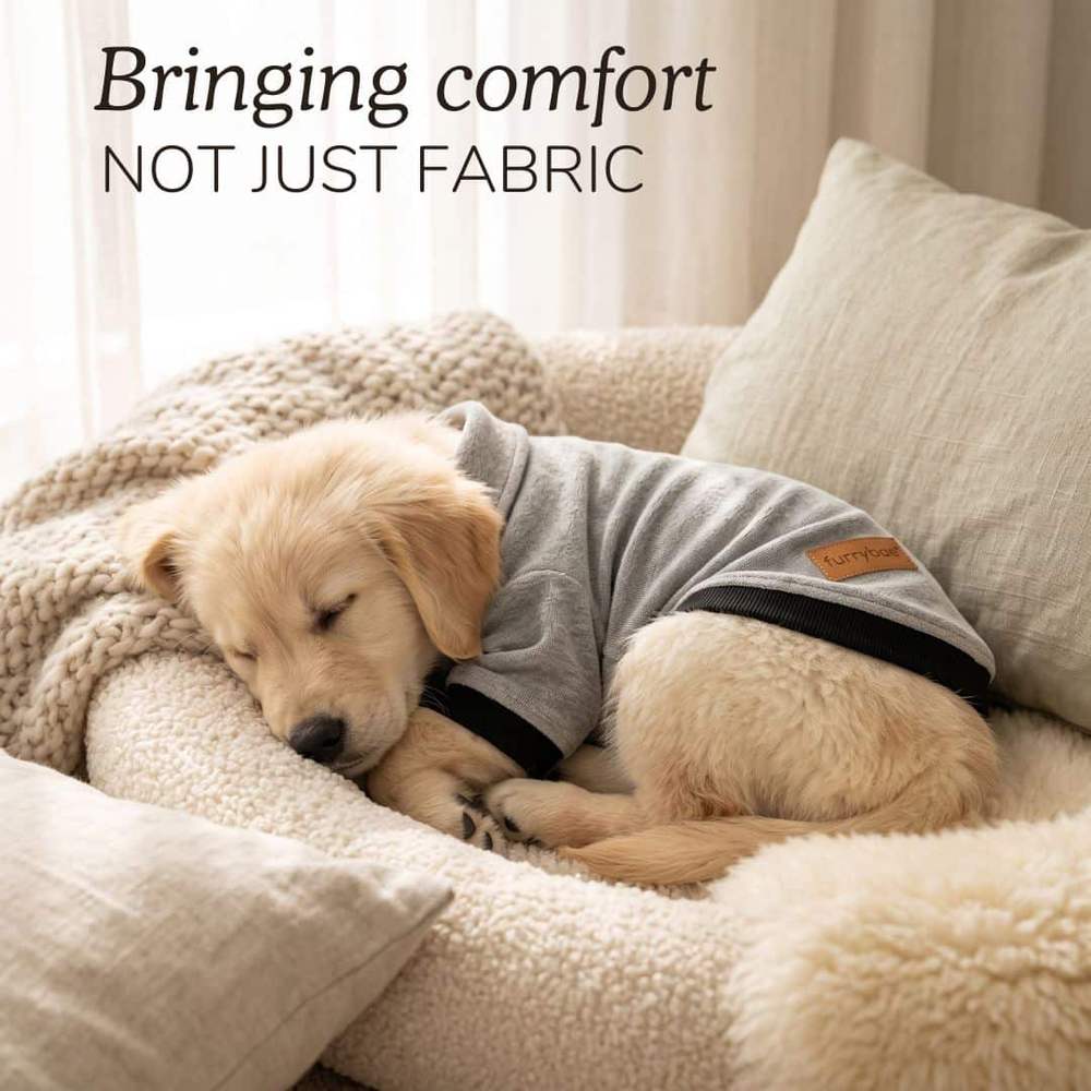 Lifestyle card headed Bringing comfort not just fabric, with a golden retriever puppy asleep on cushions in a grey dog t-shirt trimmed in black
