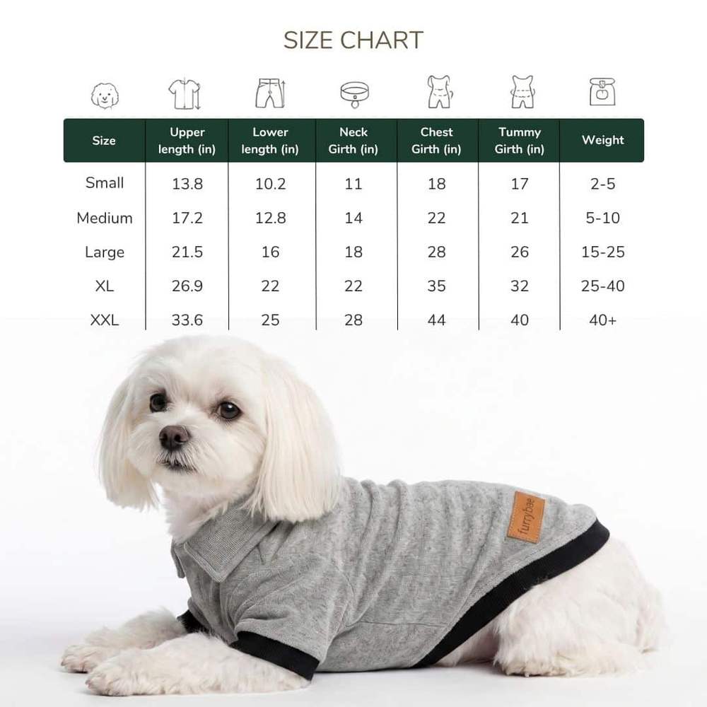 Furrybae size chart in inches for small through XXL, shown with a long haired white dog lying in the grey dog t-shirt with black hem