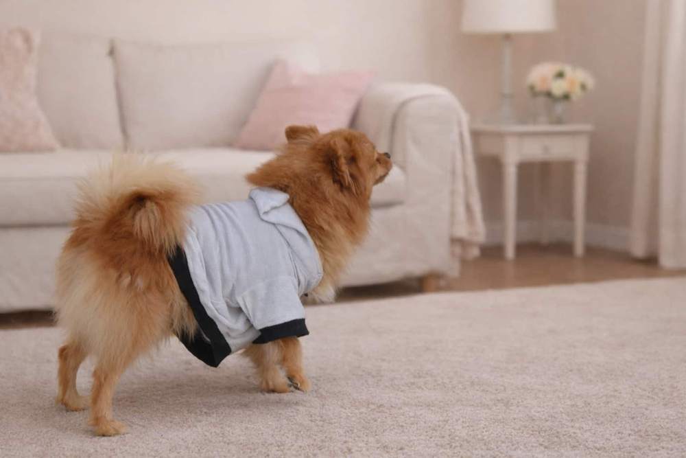 Fluffy Pomeranian in a Grey Furrybae dog T-shirt trotting across a living room rug