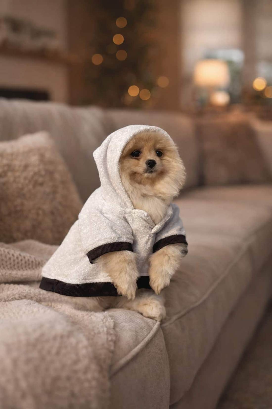 Pomeranian with the hood up on a Grey Furrybae hoodie, sitting on a sofa