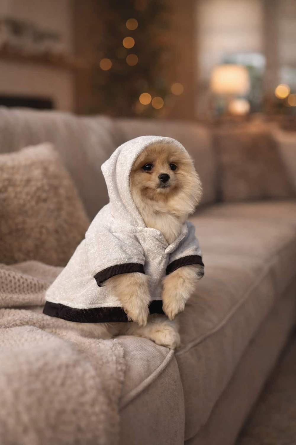 Pomeranian with the hood up on a Grey Furrybae hoodie, sitting on a sofa