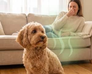 Curly dog sitting in front of a woman on a sofa who is holding her nose
